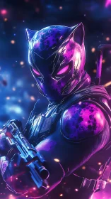 Armored feline-themed combat figure holds weapon in neon light