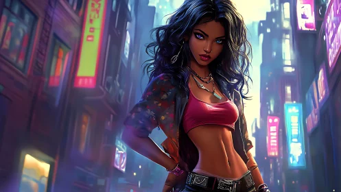 Neon-lit cyberpunk woman in vivid night city streetscape.