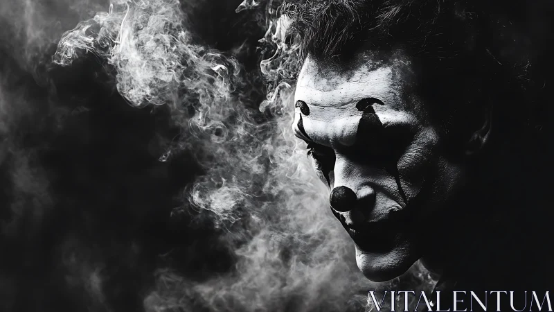 Monochrome portrait of clown makeup figure in smoke.