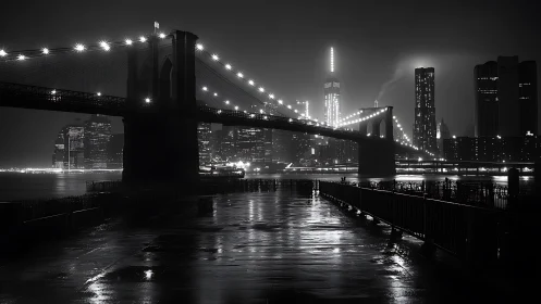 Midnight city bridge glowing above rain-slicked waterfront.