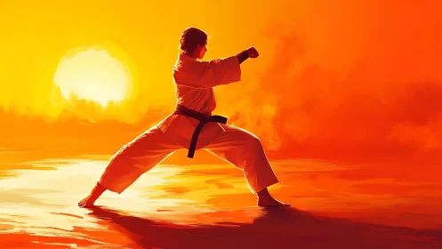Sunset martial artist holds a powerful stance with calm focus