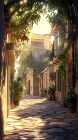 Mediterranean stone alleyway under dappled luminous canopy.