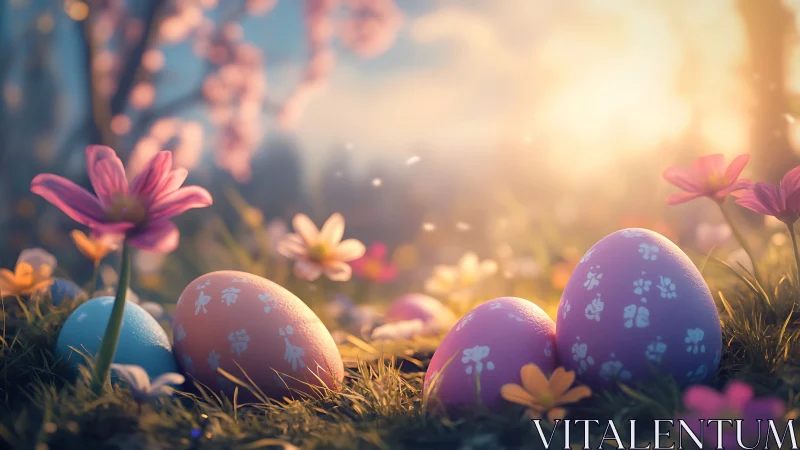 Macro-depth render of patterned Easter eggs in bokeh meadow.