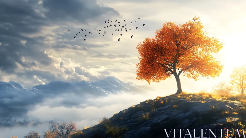 Solitary autumn tree stands on rocky hill above cloud layer