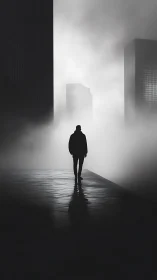 Silhouette walks through foggy city canyon at dawn.