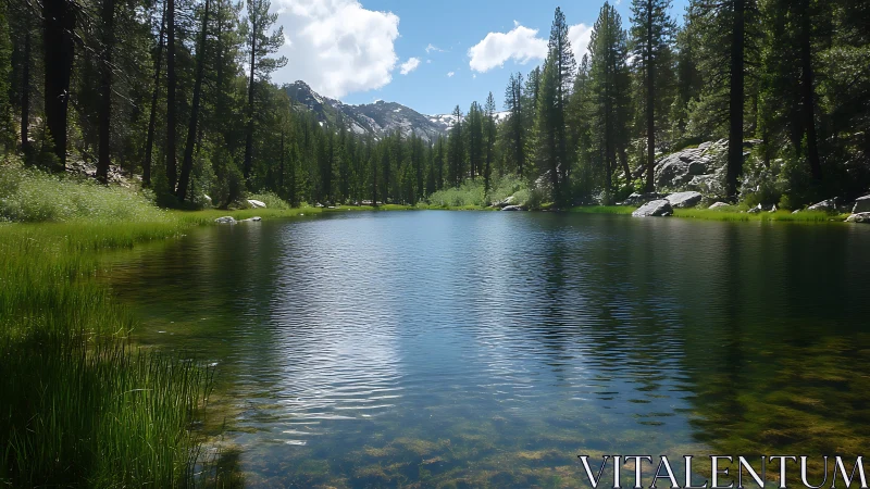 Conifer-lined mountain lake with clear reflective water surface.