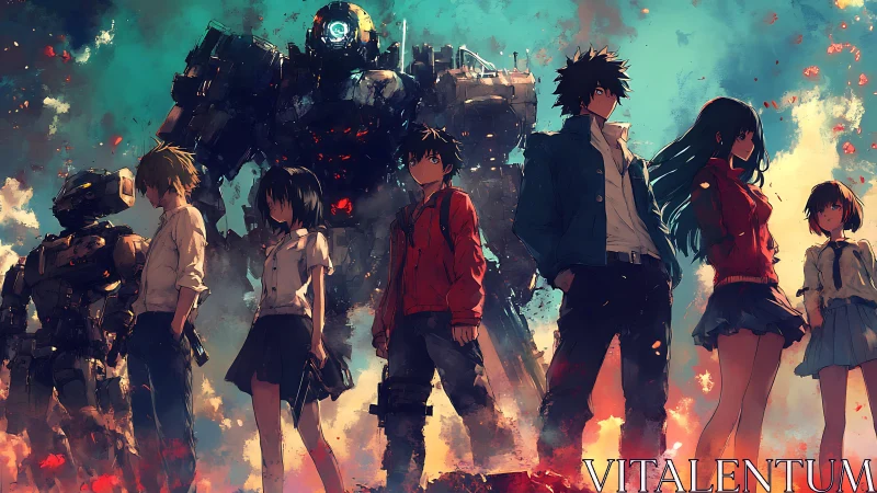 Teen mecha pilots stand before towering battle robots.