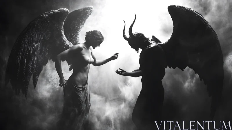 Angel and demon confront each other in stormy celestial fog