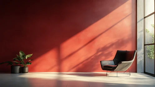 Minimalist lounge with red wall, chair, and window light.