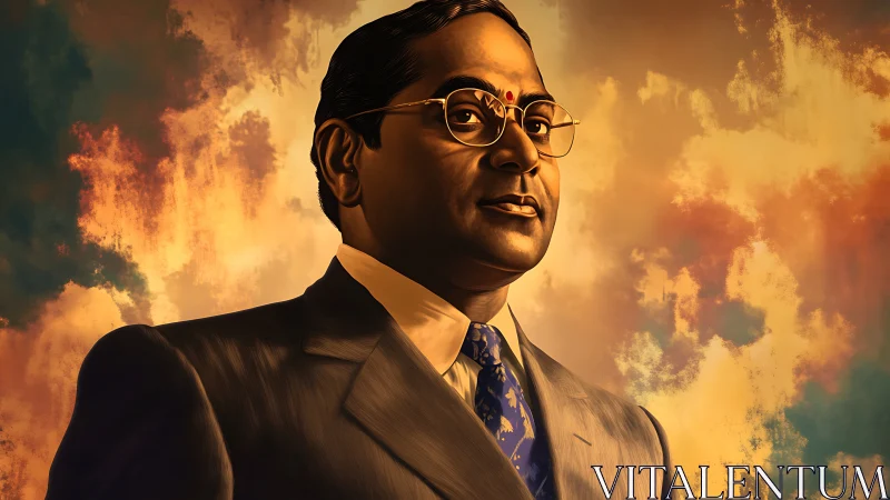 Portrait of suited man stands before glowing painted sky