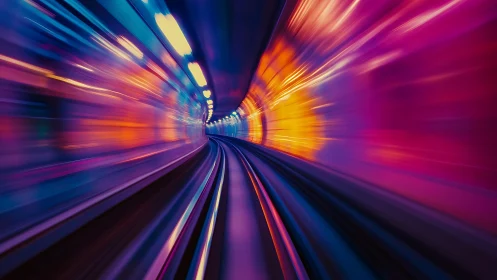 Futuristic subway tunnel with vibrant neon motion blur effect.