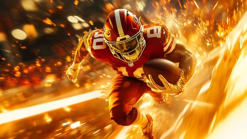 Blazing gridiron runner erupts through a storm of molten light.