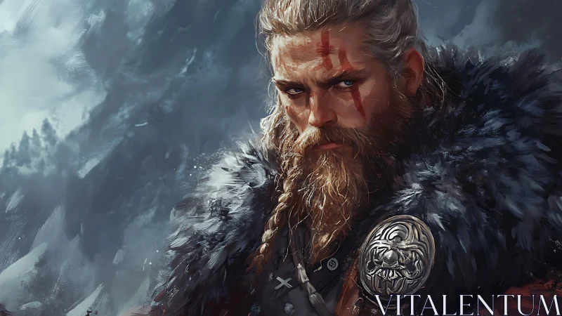 Fur-clad Viking warleader in storm-swept digital portrait.