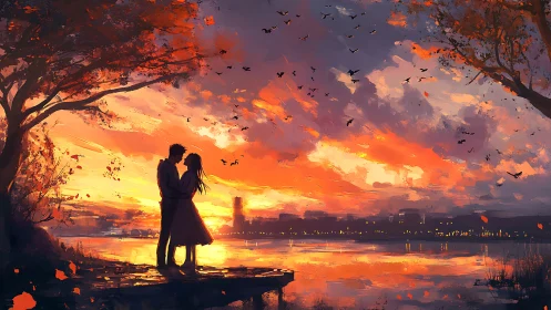 Romantic Silhouettes Embracing Against Burning Sunset Over Water
