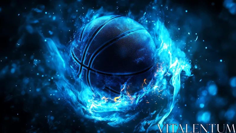 Electrified blue basketball suspended in dynamic plasma vortex