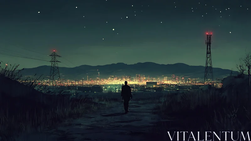 Lone wanderer approaching distant neon city at night.