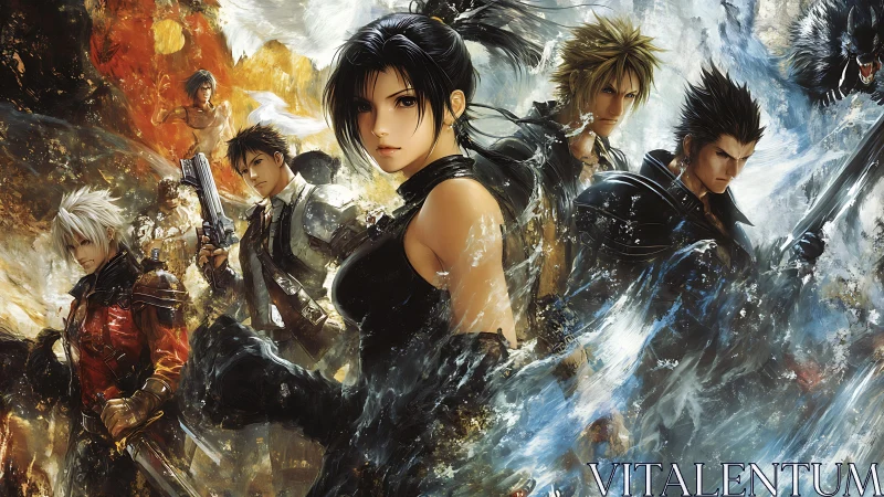 Bold anime heroes stand united in a storm of vivid energy