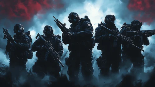 Tactical special forces squad in dense smoke, cinematic backlight