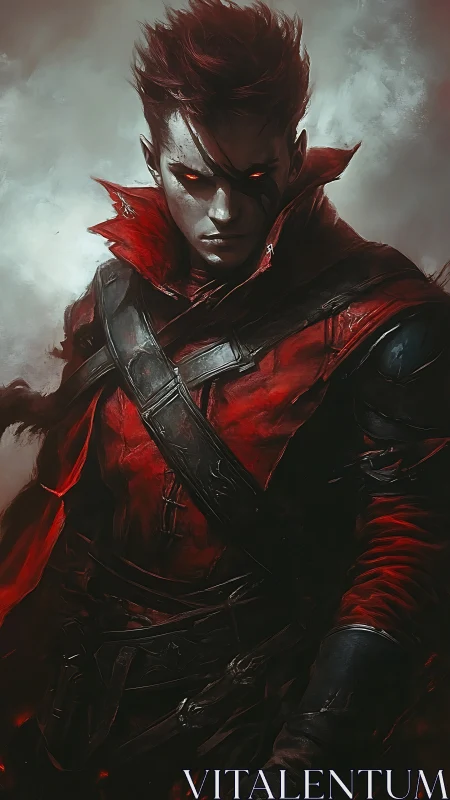 Scarlet-eyed dark rogue in asymmetric leather harness armor