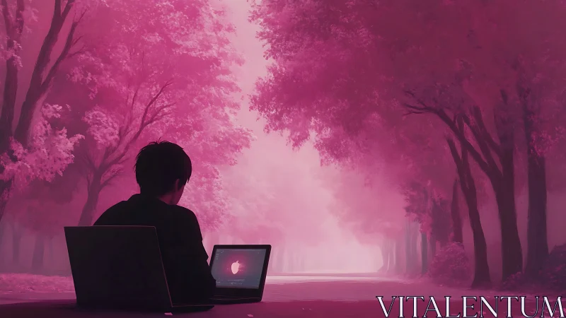 Solitary coder under neon pink forest canopy at dusk.