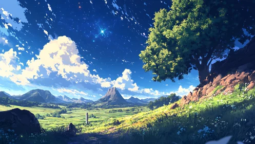 Starlit valley sky drifts above a bright, peaceful meadow