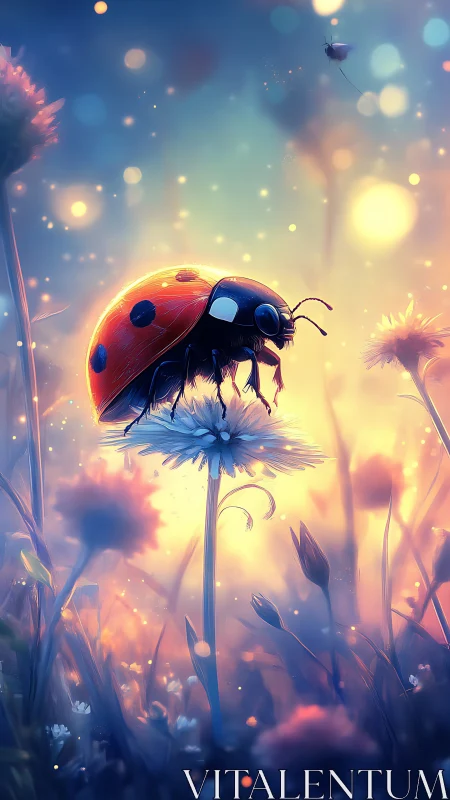 Ladybug rests on flower amid glowing bokeh field at dusk
