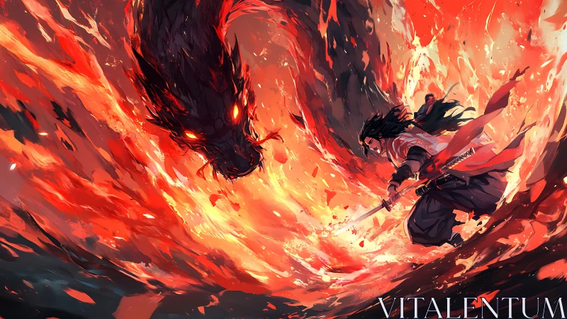 Samurai confronts fiery dragon within swirling red vortex