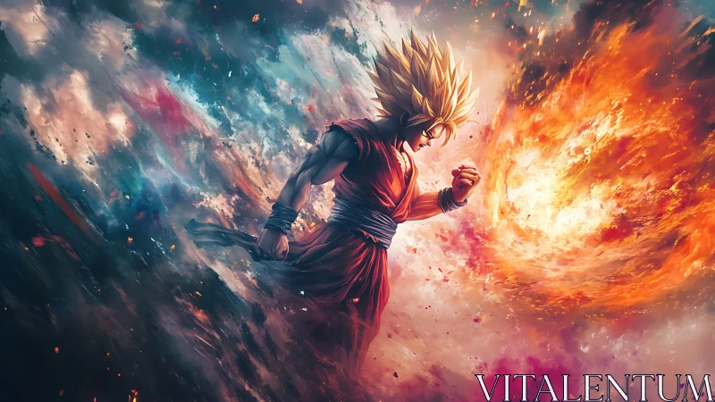 Blazing warrior strides through cosmic stormfire crescendo.