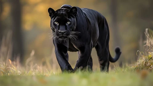 Black Panther Stalks Through Golden Grassland