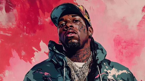 Portrait of tattooed man in jacket and cap against pink background