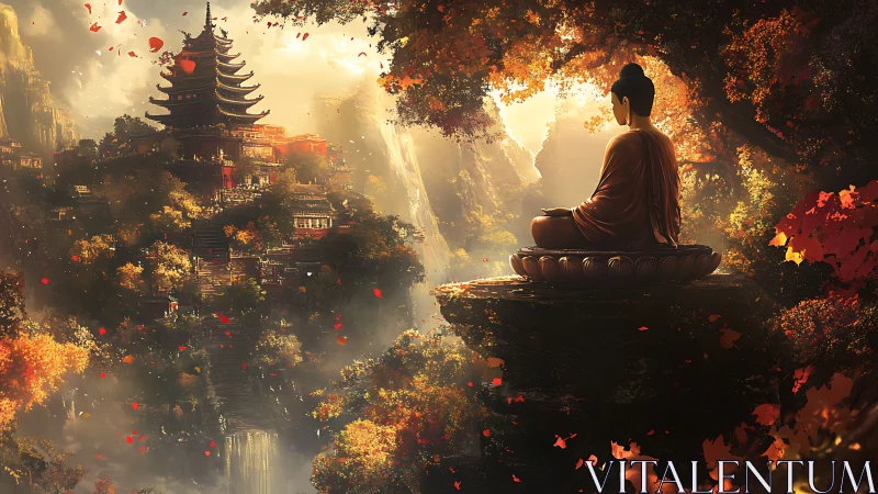 Meditative figure surveying volumetric-lit pagoda valley.