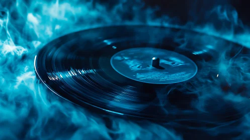 Spinning vinyl record glows softly in swirling blue smoke