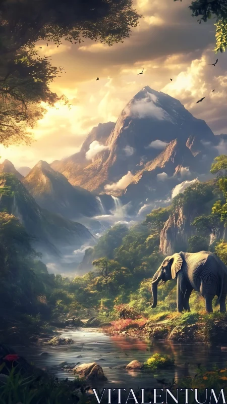 Elephant in lush mountain valley under dramatic sunset sky.