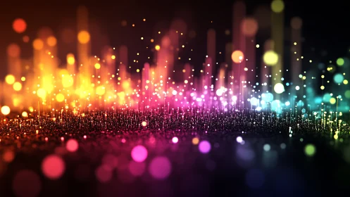 Neon particles rise like a digital city of shimmering sound