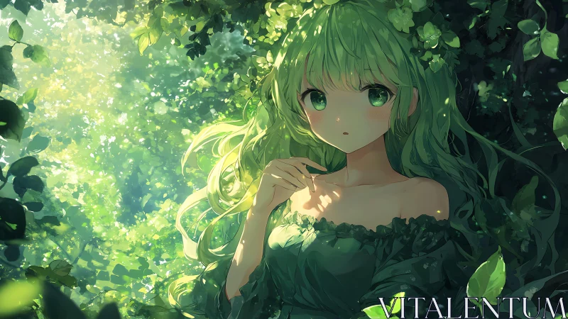 Green haired girl in dense forest foliage with dappled light.