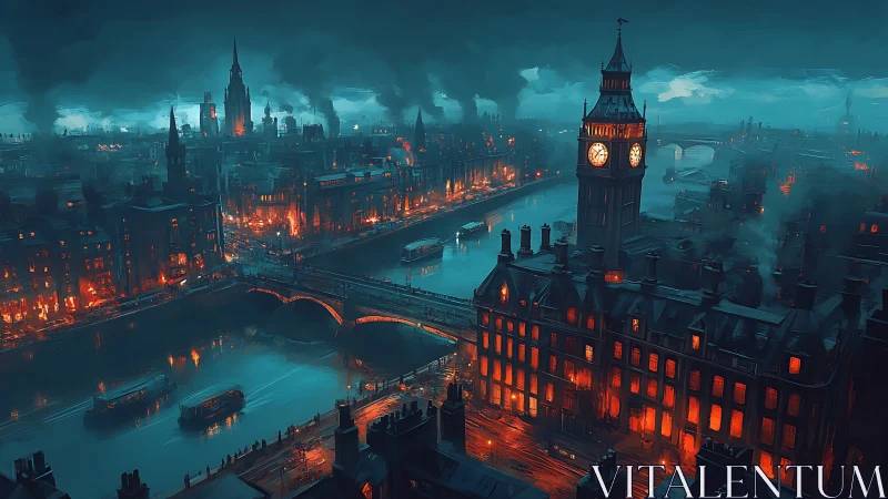 Clocktower cityscape burns under teal industrial fog