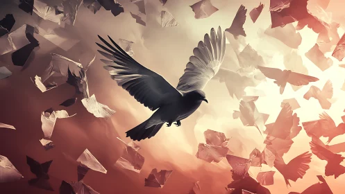 Central dove in dynamic flight amid abstract paper bird fragments