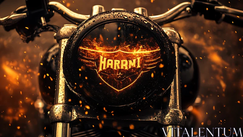 Motorcycle headlight emblazoned with fiery HARRMI crest under sparks