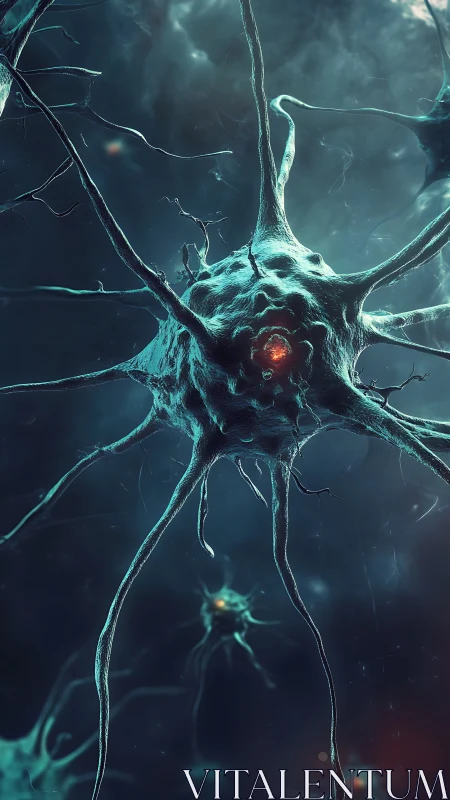 Neural cell macro render with glowing synaptic core in foggy void