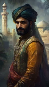 Regal turbaned noble in jeweled robes before domed palace.