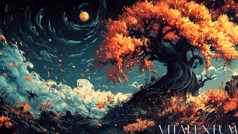 Celestial vortex sky over luminescent autumn sentinel tree.