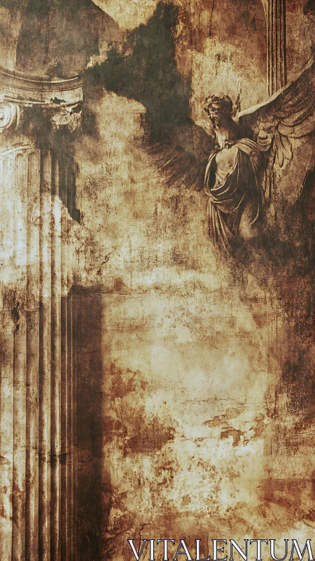 Weathered angel and ancient columns in soft sepia tones.
