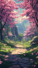 Stone path through pink blossom forest at mountains.