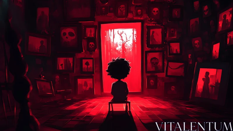 Backlit child studies macabre portrait gallery under saturated red light