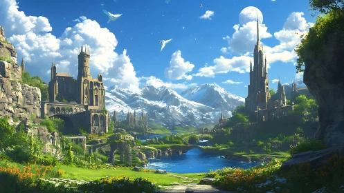 Sunlit fantasy kingdom beside a crystal blue mountain lake.