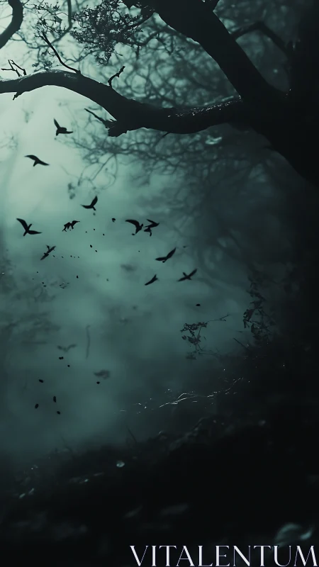 Silhouetted birds move through dense fog in a dark forest