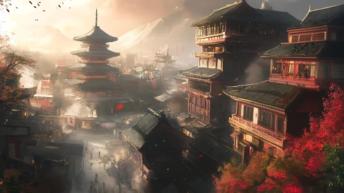 Sunlit feudal metropolis with layered pagoda skylines rendered.