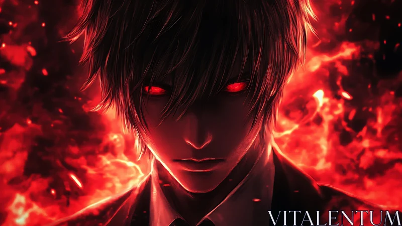 Infernal-eyed anime antihero framed in searing crimson flames.