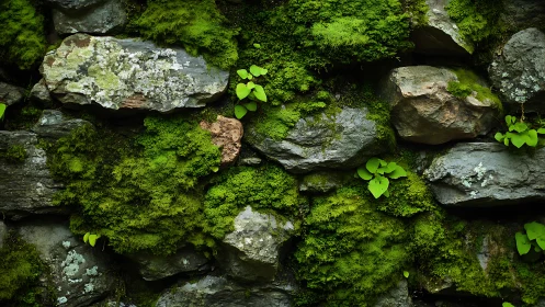 Moss-Covered Stone Wall in Nature, Close-Up Texture Photography.