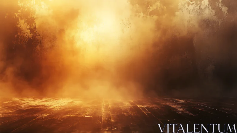 Empty wooden floor with dense golden atmospheric haze.